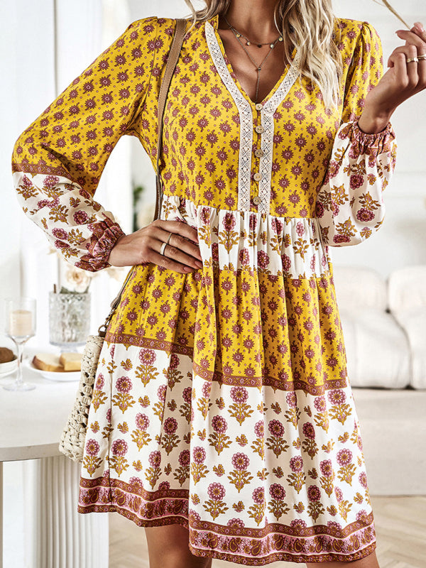 Bohemian floral print midi dress with tiered skirt and bell sleeves - View 8 | Lwiis