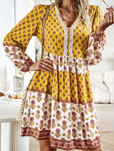 Bohemian floral print midi dress with tiered skirt and bell sleeves - View 8 | Lwiis