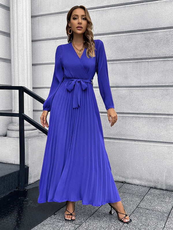 V-neck long-sleeved pleated A-line midi dress - View 17 | Lwiis