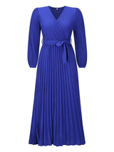 V-neck long-sleeved pleated A-line midi dress - View 7 | Lwiis