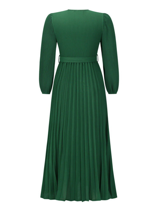 V-neck long-sleeved pleated A-line midi dress - View 14 | Lwiis