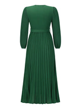 V-neck long-sleeved pleated A-line midi dress - View 14 | Lwiis