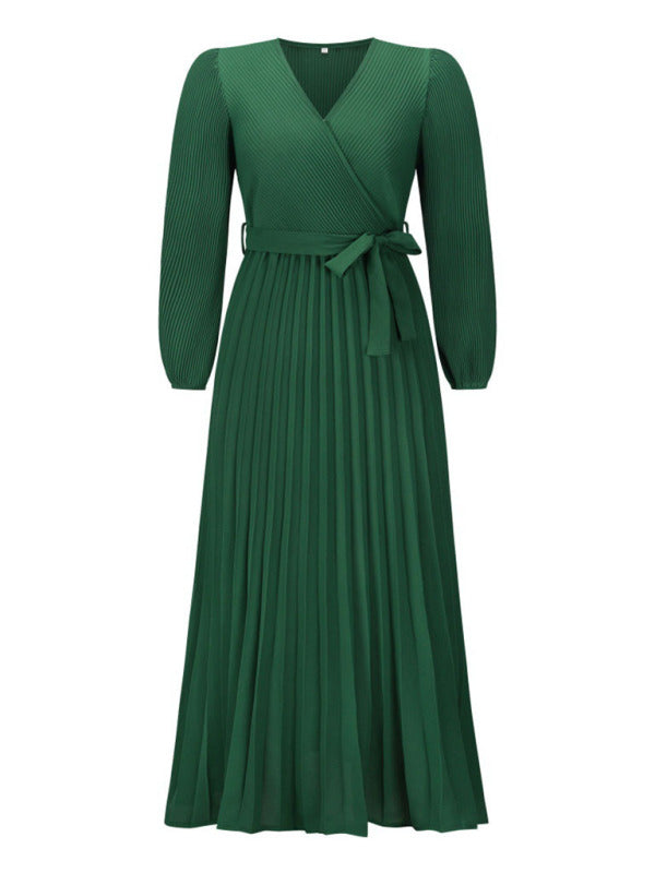 V-neck long-sleeved pleated A-line midi dress - View 13 | Lwiis