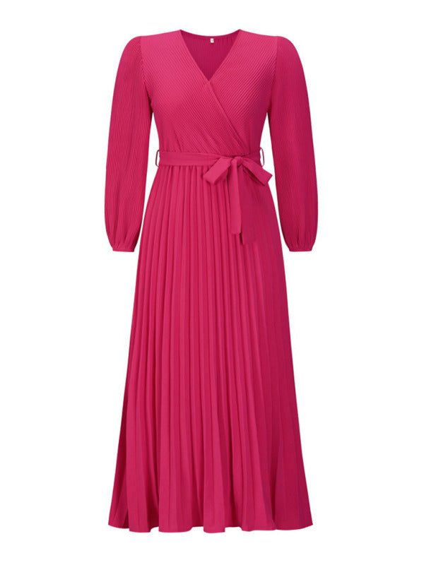 V-neck long-sleeved pleated A-line midi dress - View 9 | Lwiis