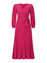 V-neck long-sleeved pleated A-line midi dress - View 9 | Lwiis