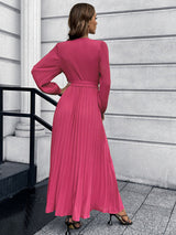 V-neck long-sleeved pleated A-line midi dress - View 12 | Lwiis