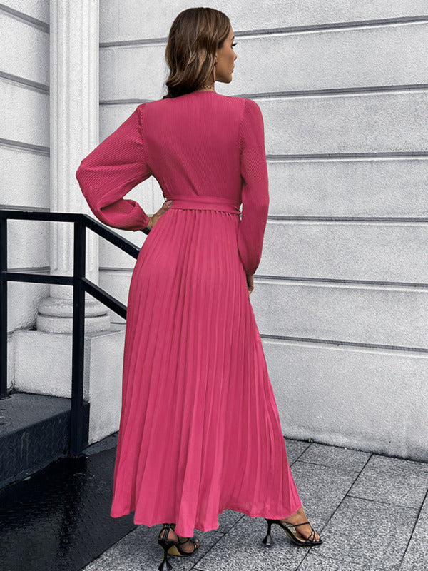 V-neck long-sleeved pleated A-line midi dress - View 12 | Lwiis