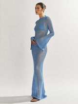 style knitted long-sleeved backless sexy see-through floor-length maxi dress