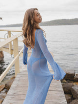 style knitted long-sleeved backless sexy see-through floor-length maxi dress