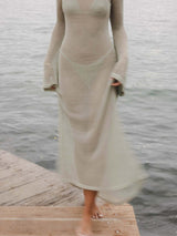 style knitted long-sleeved backless sexy see-through floor-length maxi dress