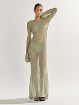 style knitted long-sleeved backless sexy see-through floor-length maxi dress