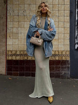 style knitted long-sleeved backless sexy see-through floor-length maxi dress