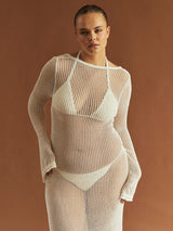 style knitted long-sleeved backless sexy see-through floor-length maxi dress