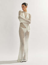 style knitted long-sleeved backless sexy see-through floor-length maxi dress