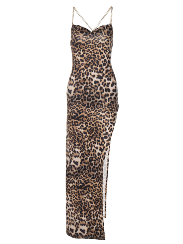 Leopard print maxi dress with a high slit and chain detail straps.