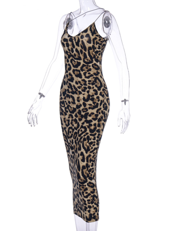 Mannequin wearing a leopard print midi dress, side view