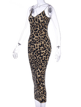 Mannequin wearing a leopard print midi dress, side view