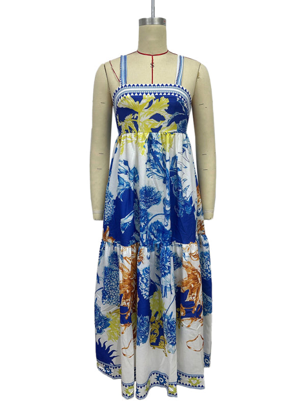 Blue and white floral print maxi dress on a mannequin, front view.