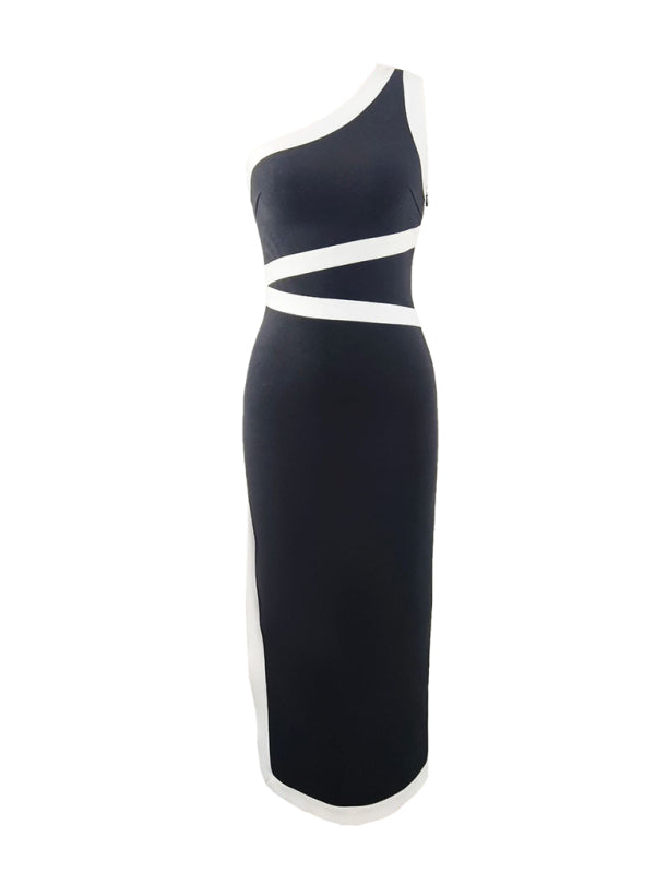 black and white one-shoulder midi dress with contrast trim and cut-out details