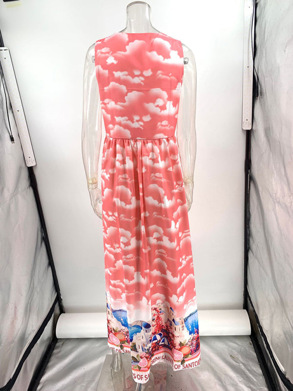 Back view of a pink sleeveless maxi dress with a cloud print.