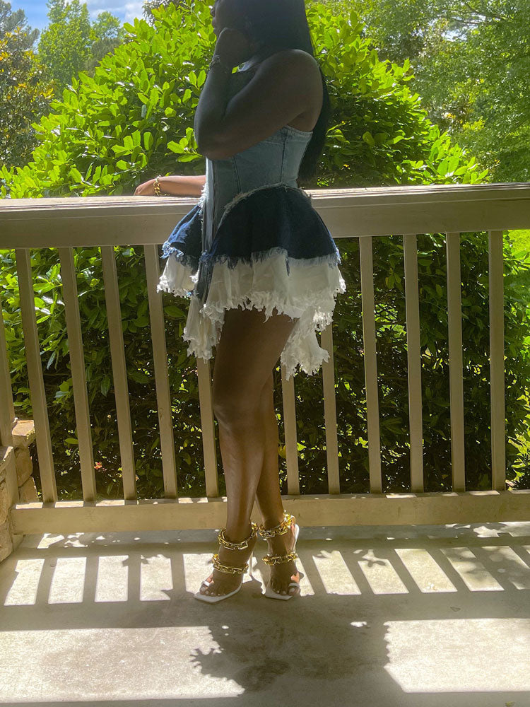Denim patchwork mini dress with V-neckline and zipper front - View 8 | Lwiis