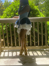 Denim patchwork mini dress with V-neckline and zipper front - View 8 | Lwiis