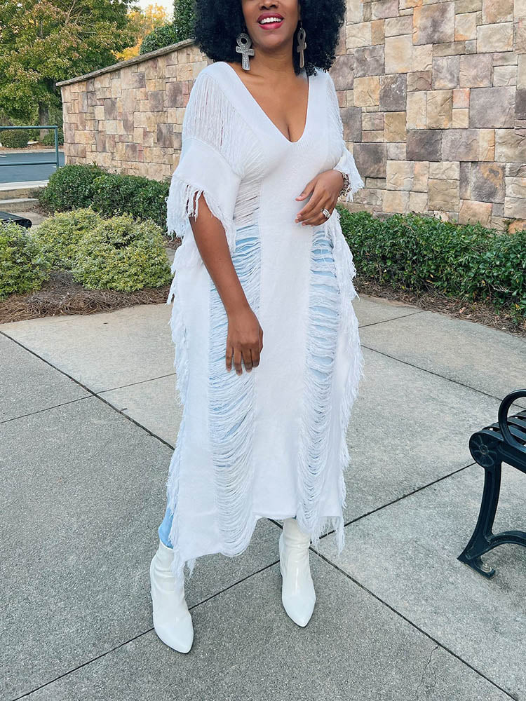 Knit Maxi Dress with Fringe Detailing - View 10 | Lwiis