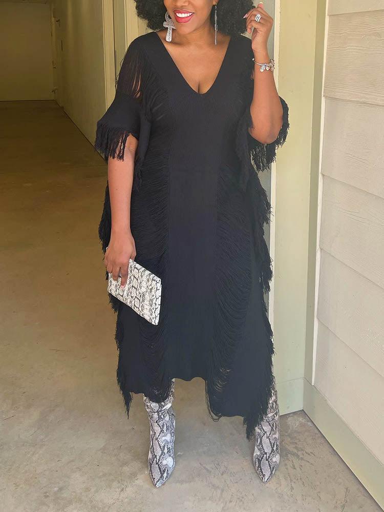 Knit Maxi Dress with Fringe Detailing - View 16 | Lwiis