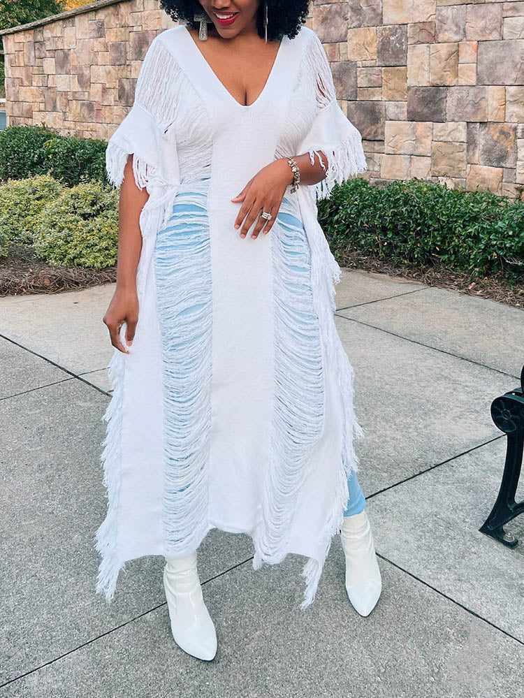 Knit Maxi Dress with Fringe Detailing - View 11 | Lwiis