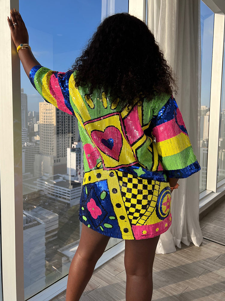 Sequin T-Shirt Dress with Geometric Print - View 8 | Lwiis