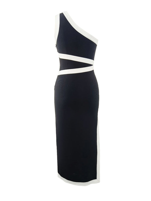 side view of a black and white one-shoulder midi dress with contrast trim