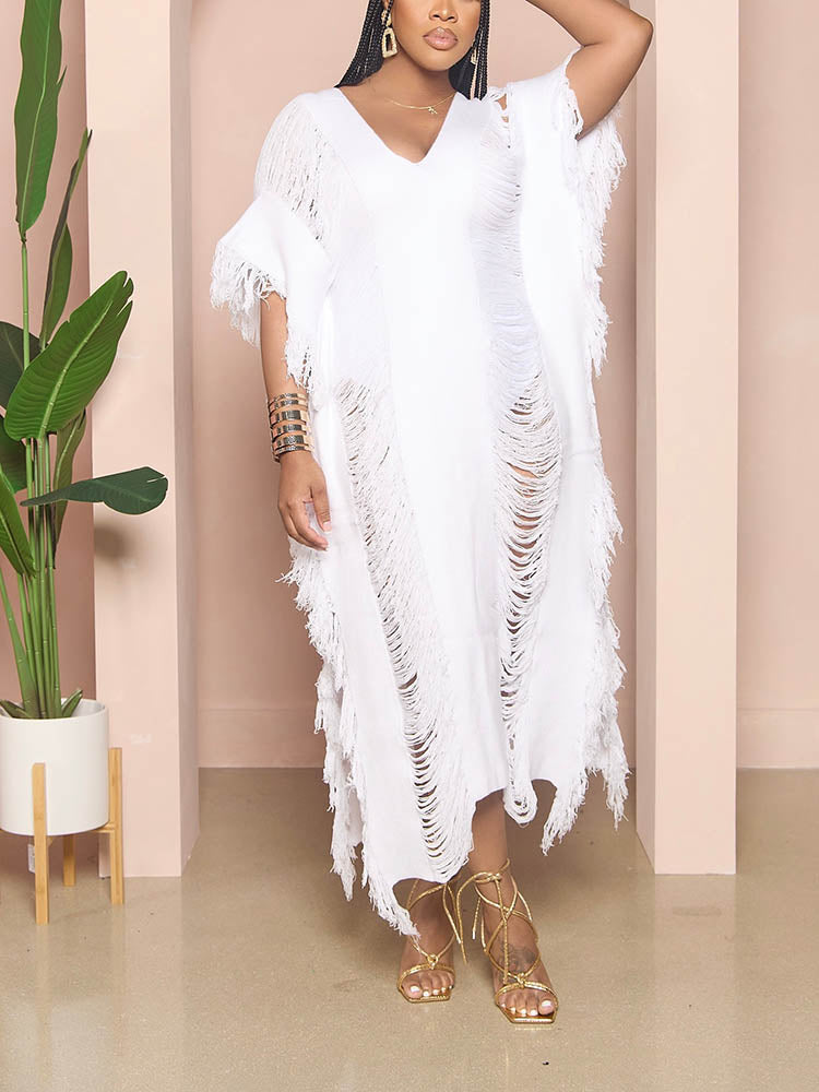 Knit Maxi Dress with Fringe Detailing - View 7 | Lwiis