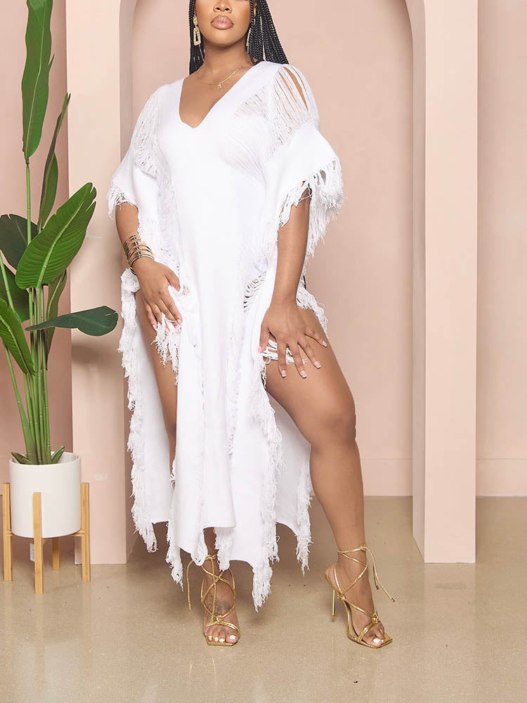Knit Maxi Dress with Fringe Detailing - View 9 | Lwiis