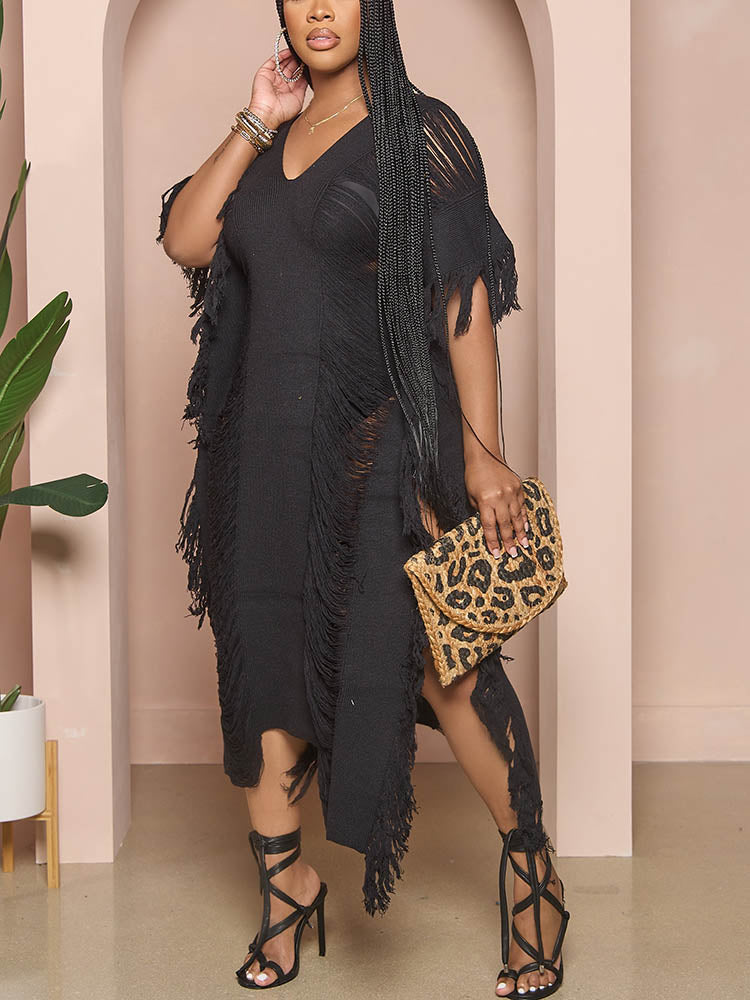Knit Maxi Dress with Fringe Detailing - View 13 | Lwiis