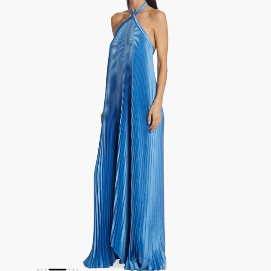 woman in blue pleated halter maxi dress, front view