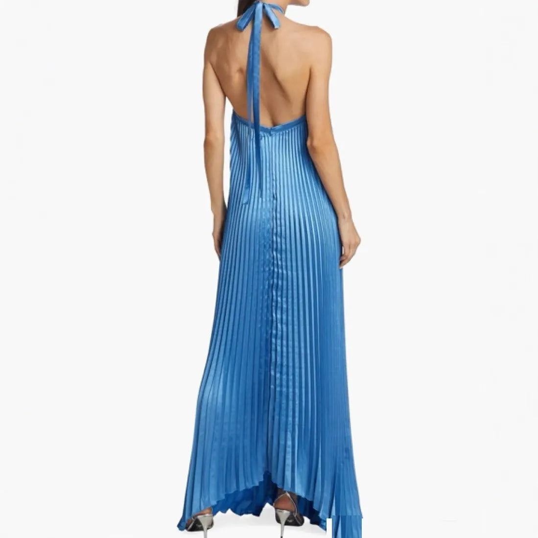 woman in blue pleated halter maxi dress, back view