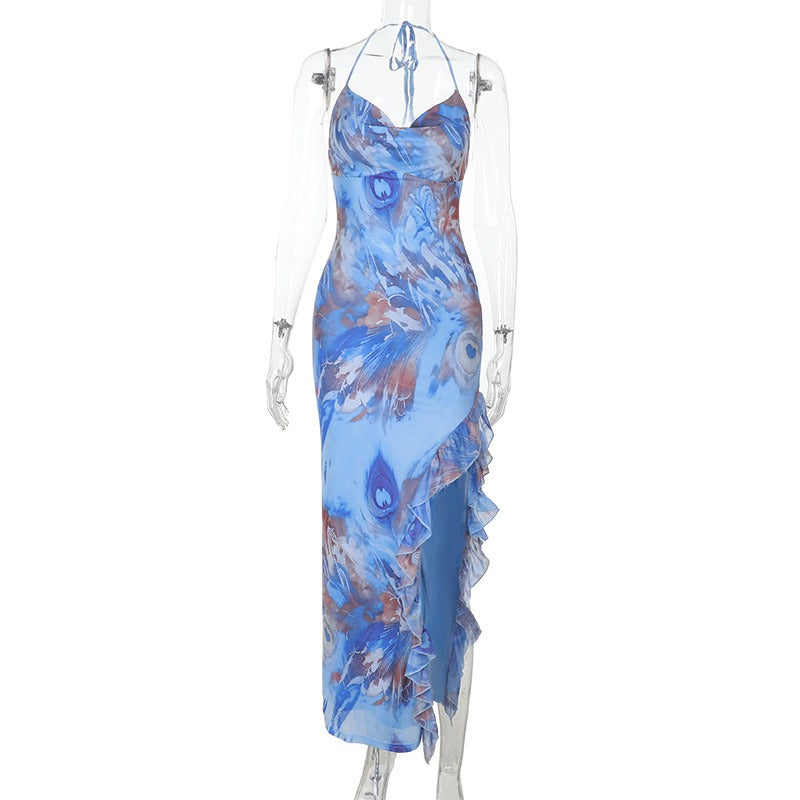 Blue abstract print halter maxi dress displayed on a mannequin