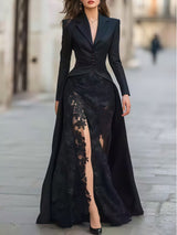 Woman wearing a black lace gown with a high slit and a black blazer overlay with a train.