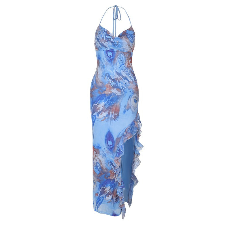 Front view of a blue abstract print halter maxi dress on a mannequin