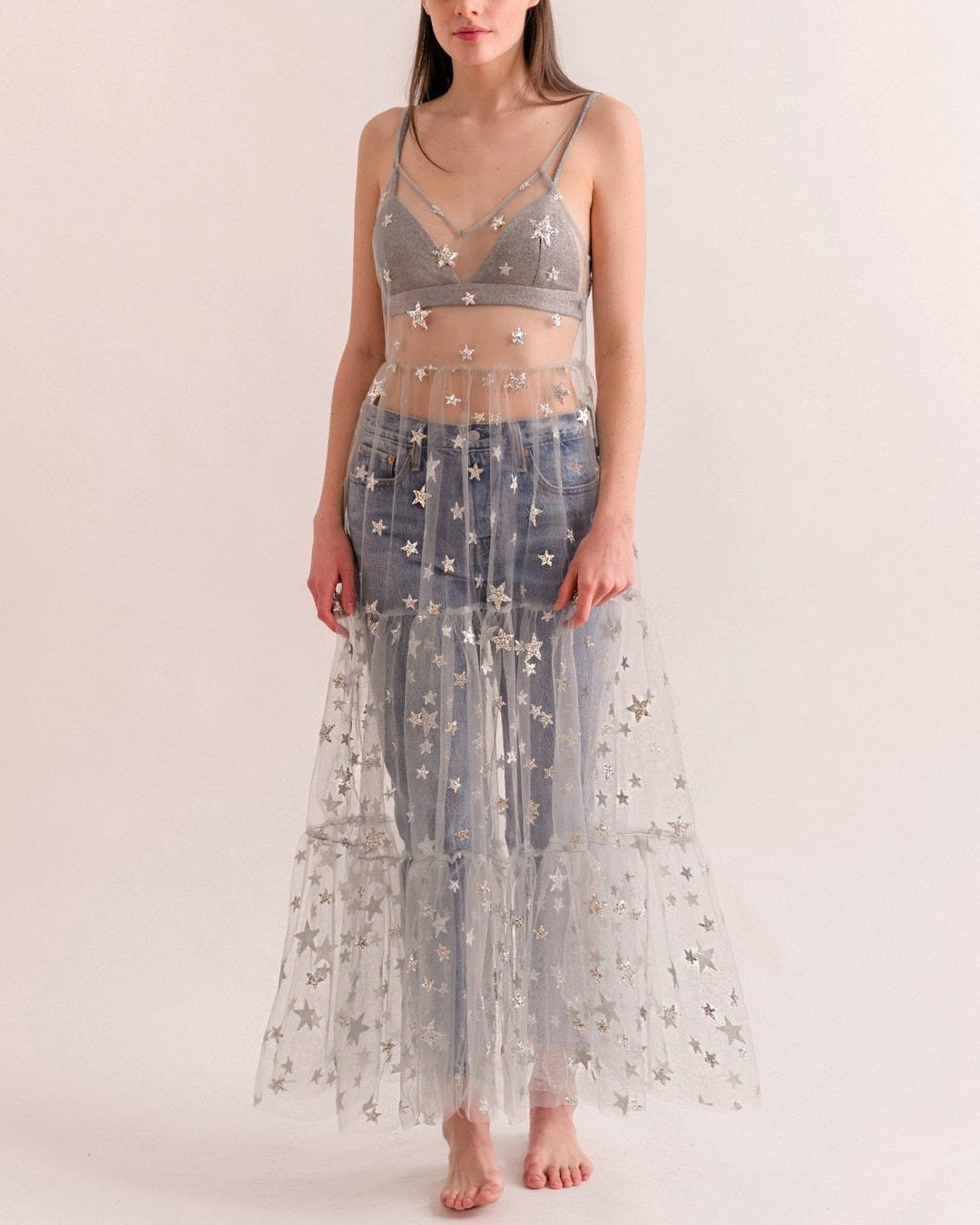 Paillettenbesetztes, transparentes Überkleid