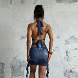 Halter neck ruched knit mini dress - View 6 | Lwiis