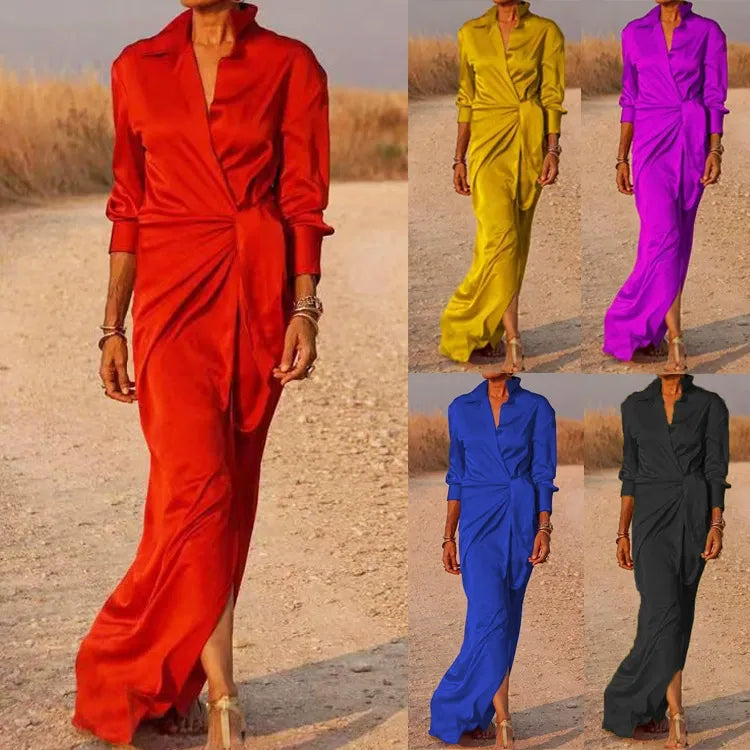 Collage of women wearing long satin dresses in red, yellow, purple, blue, and black.
