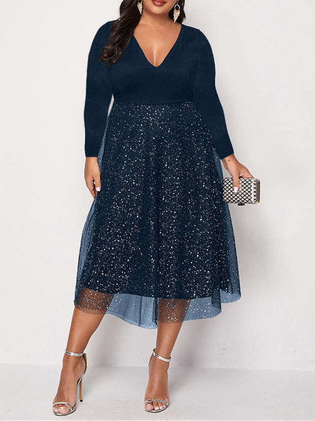 Plus size navy v-neck long sleeve sparkle midi dress front view