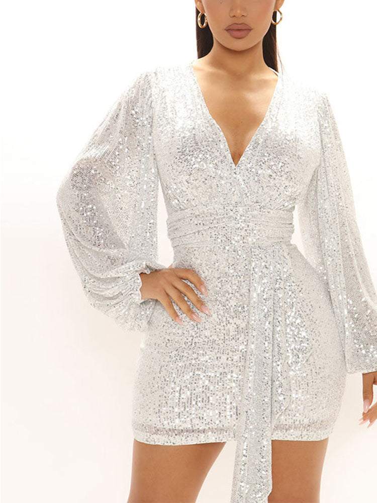 Sequin Party Dress with Puff Sleeves - View 14 | Lwiis