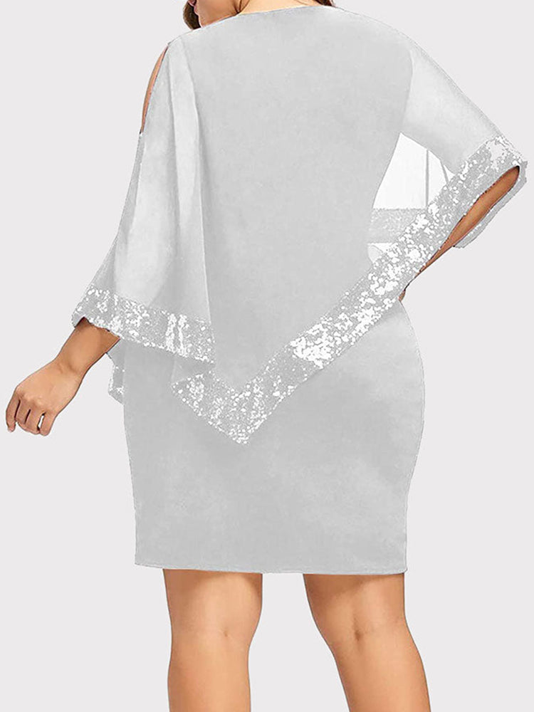 Asymmetric Sequins Dress with Cape Overlay - View 12 | Lwiis