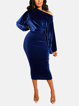 woman in a royal blue velvet off-the-shoulder midi dress with balloon sleeves, full body shot