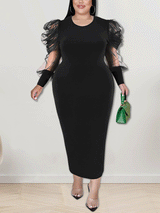 Solid Mesh Sleeve Maxi Dress - View 9 | Lwiis