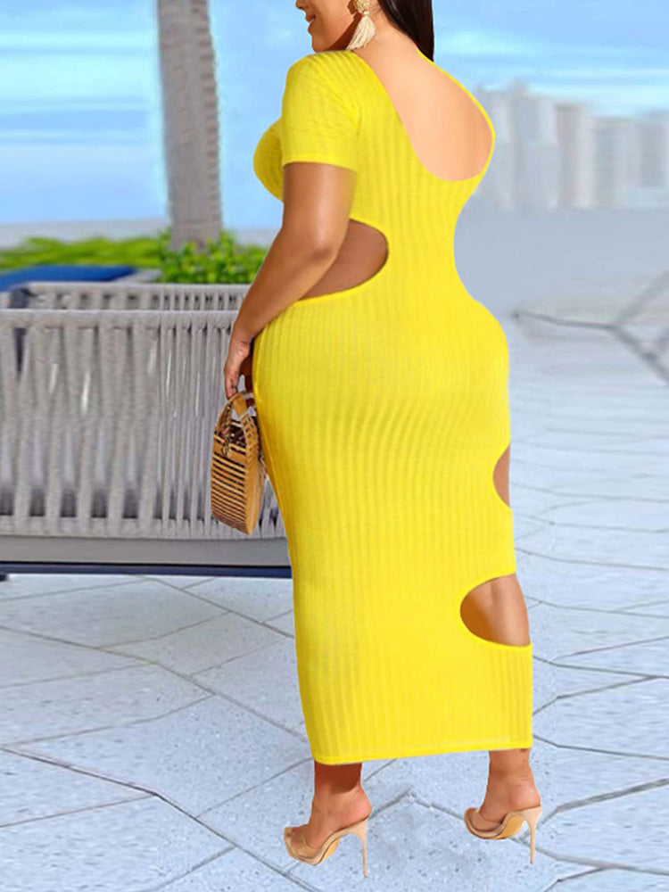 Ribbed knit fitted midi dress with cut-out detail - View 12 | Lwiis