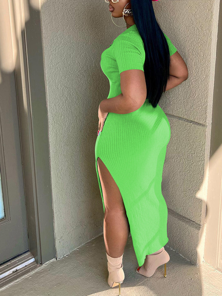 Ribbed knit maxi dress with V-neck and side split - View 6 | Lwiis