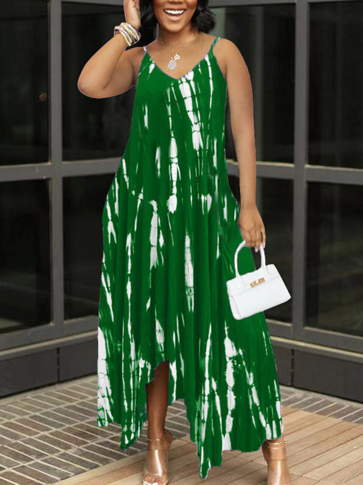 Women's sleeveless tie dye maxi dress with V-neckline and asymmetrical hem - View 8 | Lwiis